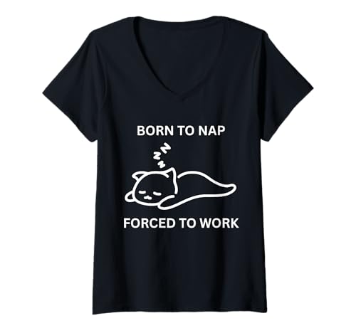 Damen Born To Nap Lustiger Büro-Kater, der zur Arbeit gezwungen wurde T-Shirt mit V-Ausschnitt von Born To Nap Forced To Work Cute Napping Fun