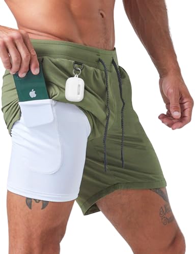 Born Tough 2-in-1 Herren-Workout-Shorts, 17,8 cm Schrittlänge, Sport-Shorts für Bodybuilding, Laufen, mit Futtertasche, Militär, Grün, Klein von Born Tough