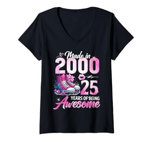 Damen 25th Birthday Queen Made in 2000 Gifts 25 Years Old Floral T-Shirt mit V-Ausschnitt Damen 25th Birthday Queen Made in 2000 Gifts 25 Years Old Floral T-Shirt mit V-Ausschnitt von Born in 2000 25th Birthday Flower For Girls Womens