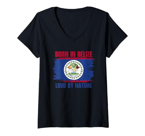 Damen Stolze Belize-Flagge, belizisches Erbe Farben T-Shirt mit V-Ausschnitt von Born in Belize Loud by Nature