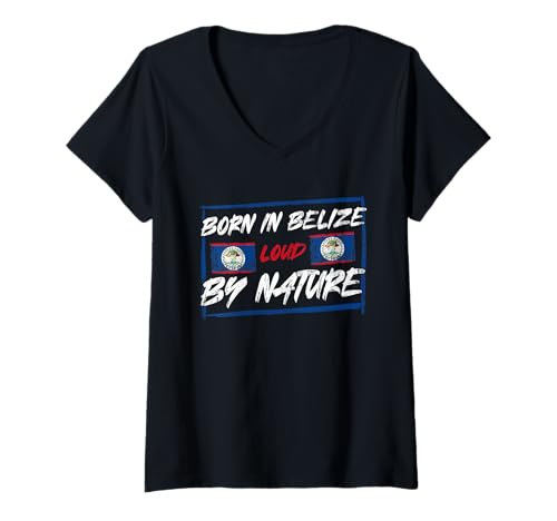 Damen Stolze Belize-Flagge, belizisches Erbe Farben T-Shirt mit V-Ausschnitt Damen Stolze Belize-Flagge, belizisches Erbe Farben T-Shirt mit V-Ausschnitt von Born in Belize Loud by Nature