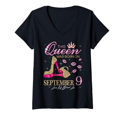 Damen Diese Königin wurde am 9. September geboren und lebt Mein gesegnetes Leben T-Shirt mit V-Ausschnitt Damen Diese Königin wurde am 9. September geboren und lebt Mein gesegnetes Leben T-Shirt mit V-Ausschnitt von Born in September Birthday Queens High Heels