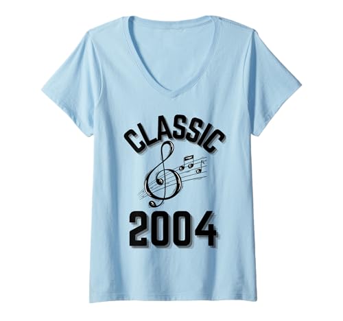 Damen Classic 2004 mit Violinschlüssel und Musiknoten. T-Shirt mit V-Ausschnitt von Born in the 2000's