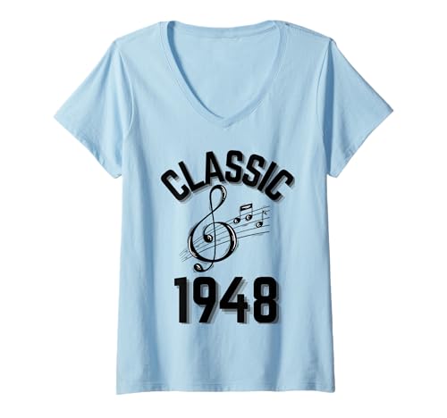 Damen Klassisch 1948 mit Violinschlüssel und Musiknoten. T-Shirt mit V-Ausschnitt Damen Klassisch 1948 mit Violinschlüssel und Musiknoten. T-Shirt mit V-Ausschnitt von Born in the 40's