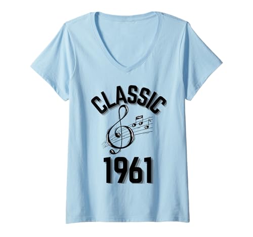 Damen Klassisch 1961 mit Violinschlüssel und Musiknoten. T-Shirt mit V-Ausschnitt Damen Klassisch 1961 mit Violinschlüssel und Musiknoten. T-Shirt mit V-Ausschnitt von Born in the 60's