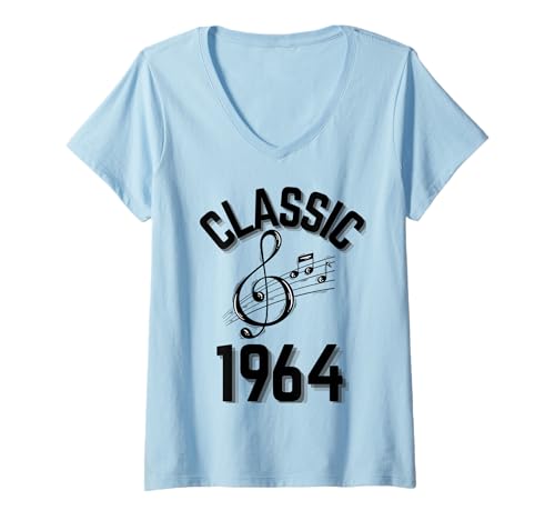 Damen Klassisch 1964 mit Violinschlüssel und Musiknoten. T-Shirt mit V-Ausschnitt Damen Klassisch 1964 mit Violinschlüssel und Musiknoten. T-Shirt mit V-Ausschnitt von Born in the 60's