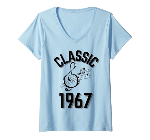 Damen Klassisch 1967 mit Violinschlüssel und Musiknoten. T-Shirt mit V-Ausschnitt Damen Klassisch 1967 mit Violinschlüssel und Musiknoten. T-Shirt mit V-Ausschnitt von Born in the 60's