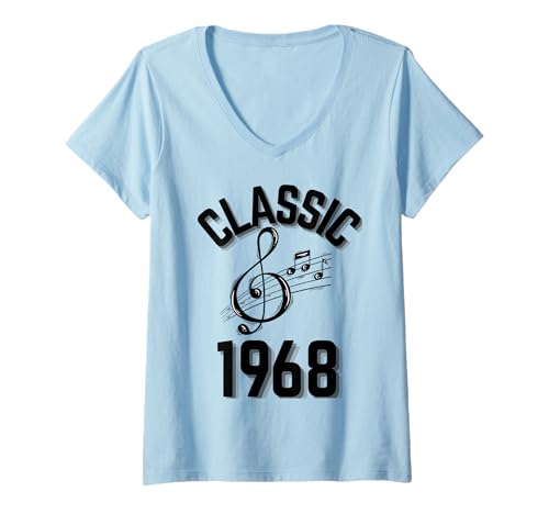 Damen Klassisch 1968 mit Violinschlüssel und Musiknoten. T-Shirt mit V-Ausschnitt Damen Klassisch 1968 mit Violinschlüssel und Musiknoten. T-Shirt mit V-Ausschnitt von Born in the 60's