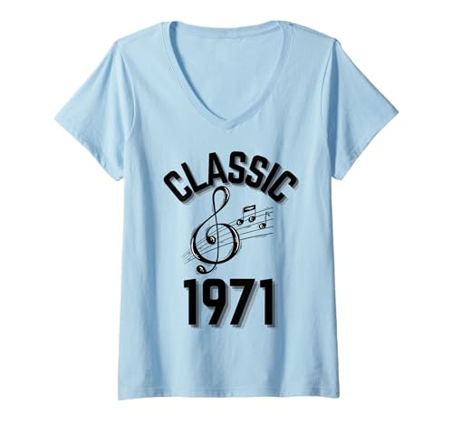 Damen Klassisch 1971 mit Violinschlüssel und Musiknoten. T-Shirt mit V-Ausschnitt Damen Klassisch 1971 mit Violinschlüssel und Musiknoten. T-Shirt mit V-Ausschnitt von Born in the 70's