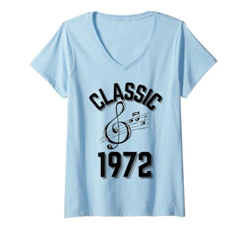 Damen Klassisch 1972 mit Violinschlüssel und Musiknoten. T-Shirt mit V-Ausschnitt Damen Klassisch 1972 mit Violinschlüssel und Musiknoten. T-Shirt mit V-Ausschnitt von Born in the 70's
