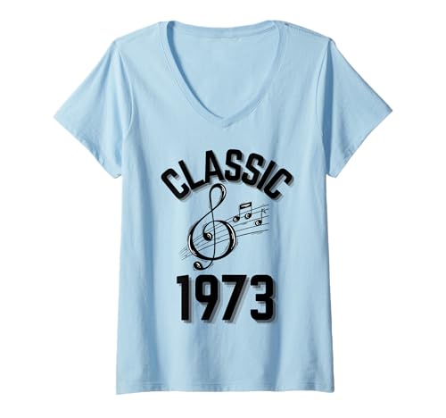 Damen Klassisch 1973 mit Violinschlüssel und Musiknoten. T-Shirt mit V-Ausschnitt Damen Klassisch 1973 mit Violinschlüssel und Musiknoten. T-Shirt mit V-Ausschnitt von Born in the 70's