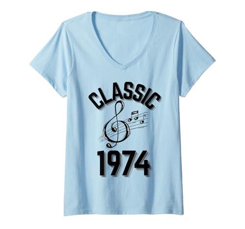 Damen Klassisch 1974 mit Violinschlüssel und Musiknoten. T-Shirt mit V-Ausschnitt Damen Klassisch 1974 mit Violinschlüssel und Musiknoten. T-Shirt mit V-Ausschnitt von Born in the 70's