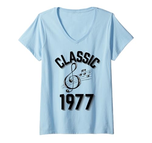 Damen Klassisch 1977 mit Violinschlüssel und Musiknoten. T-Shirt mit V-Ausschnitt Damen Klassisch 1977 mit Violinschlüssel und Musiknoten. T-Shirt mit V-Ausschnitt von Born in the 70's