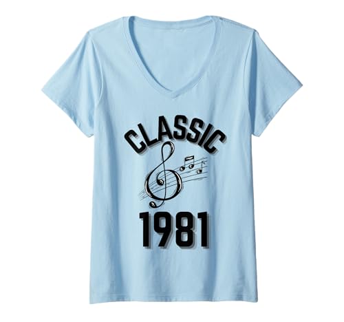 Damen Klassisch 1981 mit Violinschlüssel und Musiknoten. T-Shirt mit V-Ausschnitt Damen Klassisch 1981 mit Violinschlüssel und Musiknoten. T-Shirt mit V-Ausschnitt von Born in the 80's