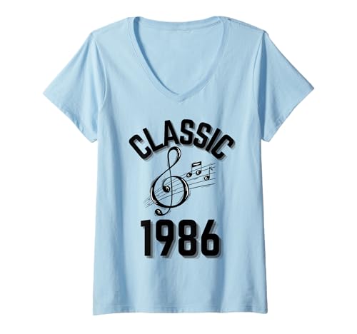 Damen Klassisch 1986 mit Violinschlüssel und Musiknoten. T-Shirt mit V-Ausschnitt Damen Klassisch 1986 mit Violinschlüssel und Musiknoten. T-Shirt mit V-Ausschnitt von Born in the 80's