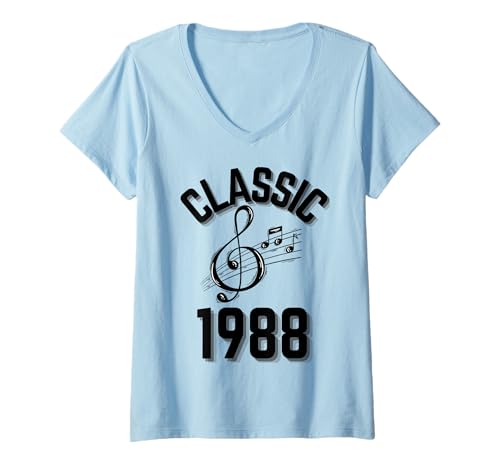 Damen Klassisch 1988 mit Violinschlüssel und Musiknoten. T-Shirt mit V-Ausschnitt Damen Klassisch 1988 mit Violinschlüssel und Musiknoten. T-Shirt mit V-Ausschnitt von Born in the 80's