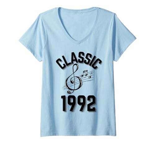 Damen Klassisch 1992 mit Violinschlüssel und Musiknoten. T-Shirt mit V-Ausschnitt Damen Klassisch 1992 mit Violinschlüssel und Musiknoten. T-Shirt mit V-Ausschnitt von Born in the 90's