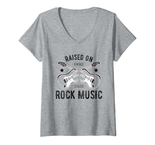 Damen Lustige Retro-Gitarre mit Aufschrift „Raised On Rock Music“ T-Shirt mit V-Ausschnitt von Born in the 90's