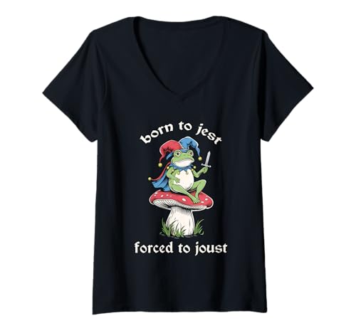 Damen Born to Jest Forced to Joust Funny Medieval Meme Frosch Knight T-Shirt mit V-Ausschnitt von Born to Jest Forced to Joust Medieval Humor Frog