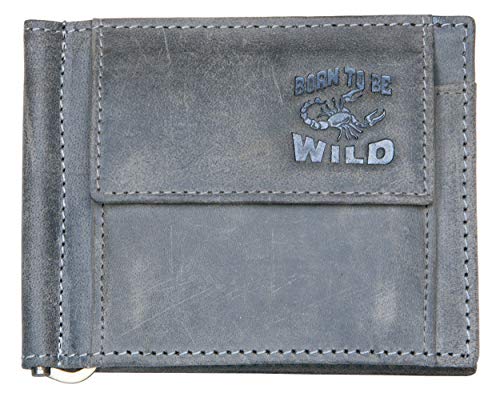 Herren Dunkelgraues Naturleder Taschenformat Portemonnaie Born to be Wild mit einem Skorpion von FLW