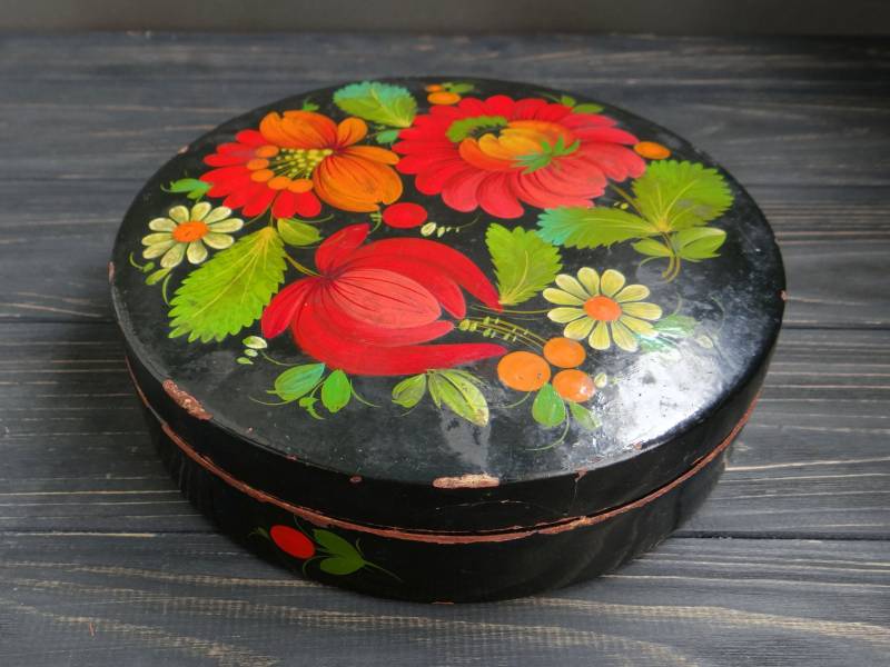 Schmuckschatulle Aus Schwarzem Holzschatulle Ukrainisch Petrikov 1960Er Jahre von BornInTheSoviet
