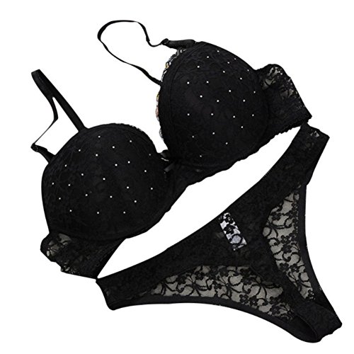 Bornbayb Frauen Sexy Spitze Stickerei Push Up BH Set Solide Spitze Plunge BH und Höschen mit Strass Gr. 90B , Schwarz von Bornbayb