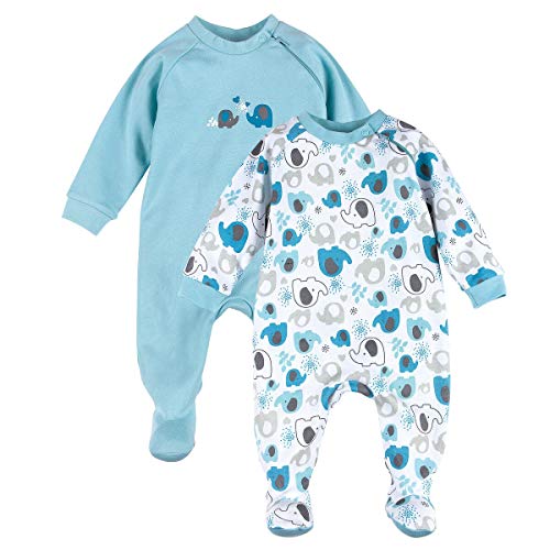 Bornino Basics - Schlafoverall Set 2er-Pack blau - für Babies - seitlicher Reißverschluss Einteiler - Allover Elefanten-Print - Reine Baumwolle - Größe 86 von Bornino