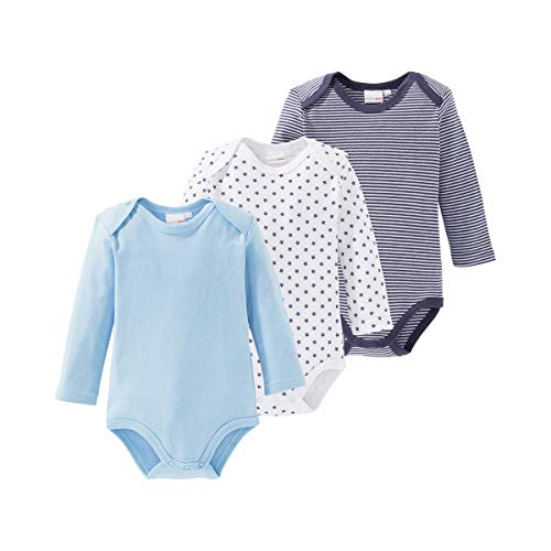 Bornino Wickelbody Basics blau, 3er-Pack, Baby, langarm, Baumwolle, Uni - Allover-Print - Ringel - Größe 98 von Bornino