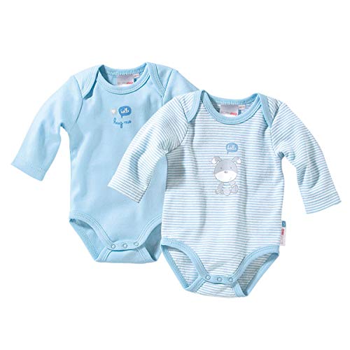 Bornino Basics 2er-Pack Bodys langarm hellblau - geringelt mit Tier-Print & einfarbig mit Print - Schlupfkragen - Druckknöpfe im Schrittbereich - Interlock-Qualität - Größe 74 von Bornino