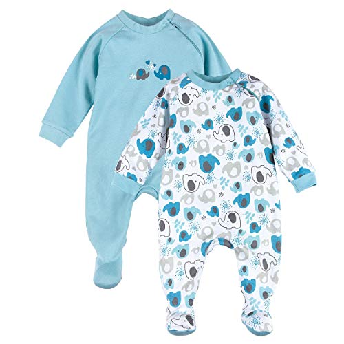 Bornino Basics - Schlafoverall Set 2er-Pack blau - für Babies - seitlicher Reißverschluss Einteiler - Allover Elefanten-Print - Reine Baumwolle - Größe 62 von Bornino