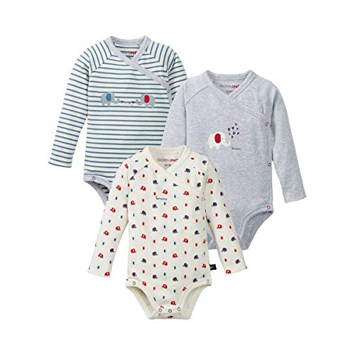 Bornino Wickelbody Elefant, 3er-Pack, Baby, unisex, Mädchen/Junge, langarm, Bio-Baumwolle, Meliert - Elefanten-Print - Geringelt von Bornino