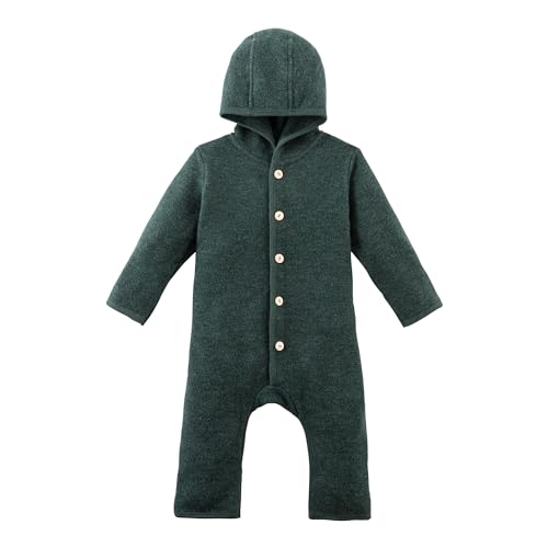 Bornino Wollwalk-Overall mit Klappbündchen aus Merinowolle grün - mit Kapuze - Ärmel- und Beinsaum zum Umschlagen - durchgehende Knopfleiste - Größe 62 von Bornino