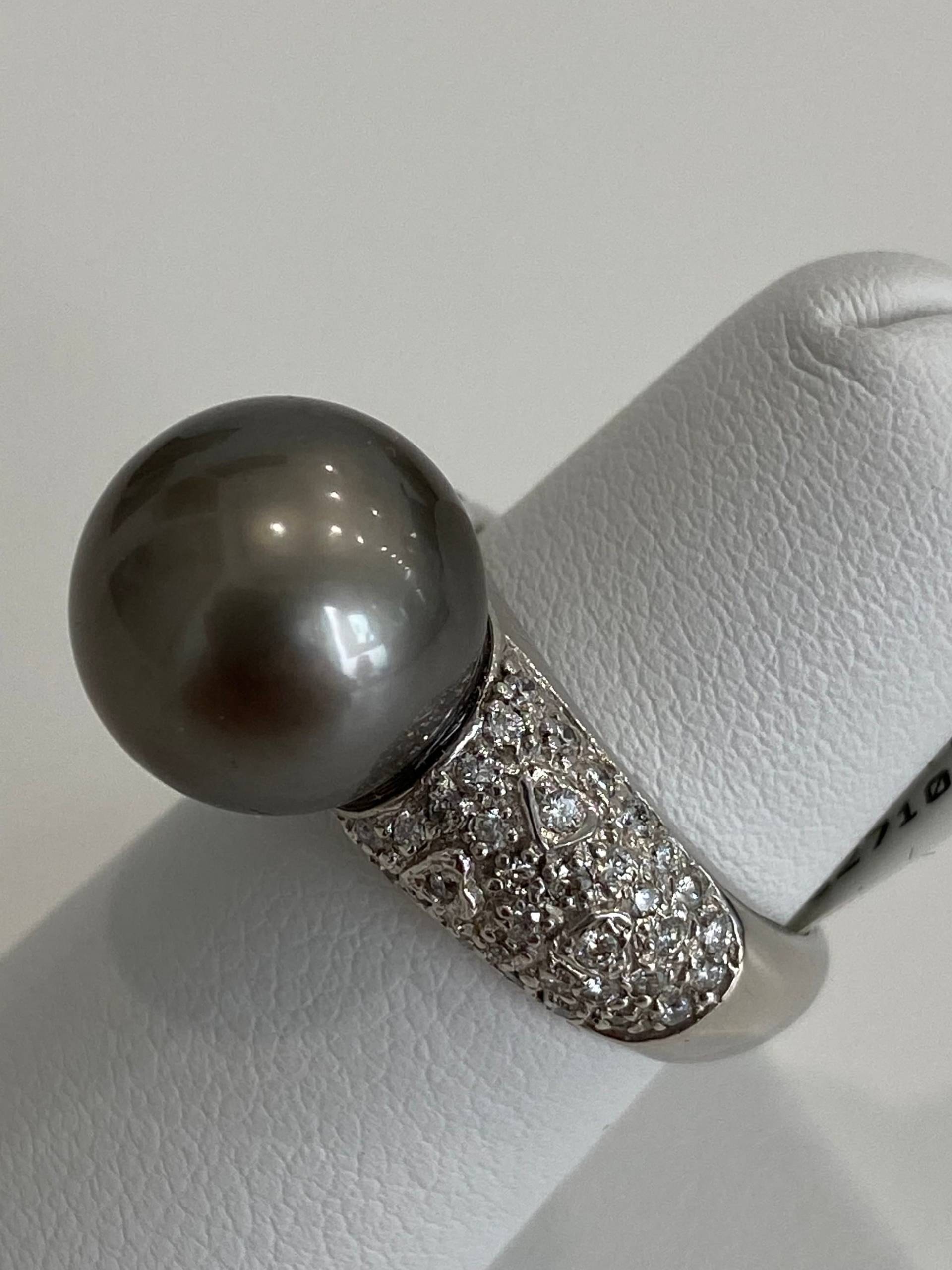 Damen 18K Weiß Gold Diamant Tahitian Grau Silber Perlen Ring Luxus Feiner Schmuck Geschenk Für Sie Hochzeitsgeschenk Cocktail Dinner von BorohanFineJewelry