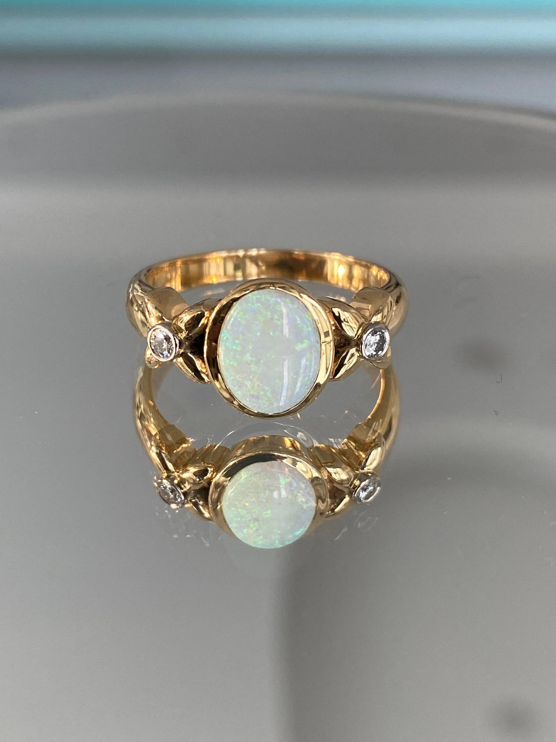 Umwerfend Neu Luxus Custom Schmuck 18K Karat Massiv Gelbgold Triple A Grade Opal & Diamant Damen Statement Ring Geschenk Für Sie von BorohanFineJewelry