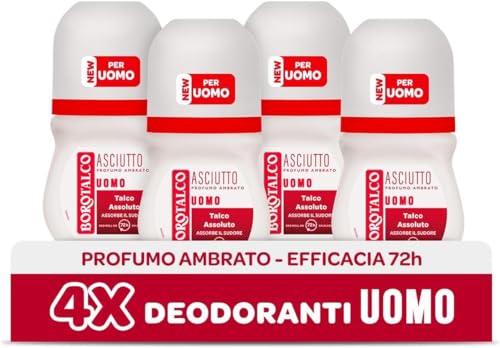 Borotalco, Deodorant für Herren, Roll-On Trocken Bernstein, mit absolutem Talkum, absorbiert Schweiß, ohne Alkohol, bernsteinfarbener Duft, 72h Wirksamkeit - 4 Stück à 50 ml - Exklusiv von Amazon von Borotalco
