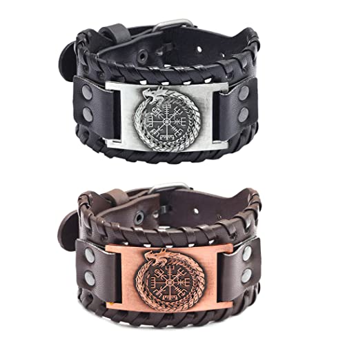 Borsgye 2 Stück Viking PU Leder Armband Herren Breit Armreif Gothic Geflochtenes Armband Wikinger Leder Armbänder Retro Lederarmband Breiter Manschette Gürtelschnalle Armband - Chinesischem Drachen von Borsgye