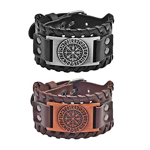 Borsgye 2 Stück Viking PU Leder Armband Herren Breit Armreif Gothic Geflochtenes Armband Wikinger Leder Armbänder Retro Lederarmband Breiter Manschette Gürtelschnalle Armband - Kompass von Borsgye