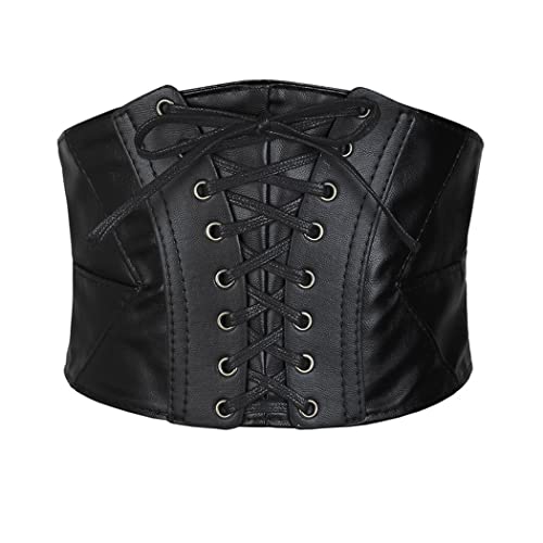 Borsgye Damen Leder Elastisches Band Retro Gebundenes Korsett Schnürkorsett Breites Taille Gürtel Bandage Elastizität Gurt Kostüm Kleid Taillengürtel Zurück Schnappen – Schwarz von Borsgye