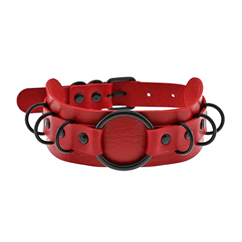 Borsgye Punk Leder Goth Choker Halsband verstellbar Rock PU Leder Choker Halsketten Teen Mädchen Cosplay Schmuck Vintage Halsketten Multi Circle - Rot von Borsgye