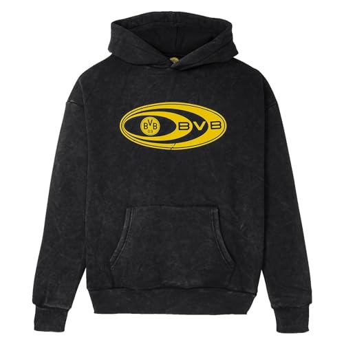 BVB RETRO HOODIE WASHED BLACK: Schwarzes Kapuzen-Sweatshirt im 90er Jahre Design - Oversized Fit, Washed-Out-Look von Borussia Dortmund