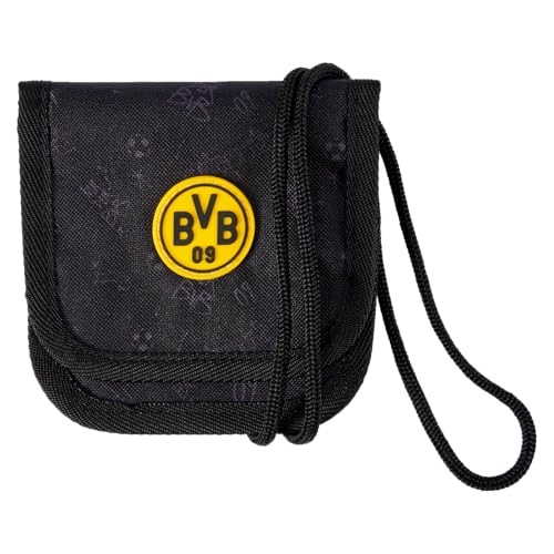 Borussia Dortmund BVB Umhänge-Geldbeutel Allover Schwarz für Kids - Mit BVB-Emblem und dezentem Aufdruck, 2 Reißverschlussfächer, Oeko Tex Made in Green von Borussia Dortmund