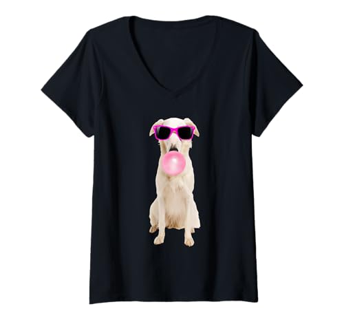 Damen Borzoi Bubble Kaugummi T-Shirt mit V-Ausschnitt von Borzoi Dog