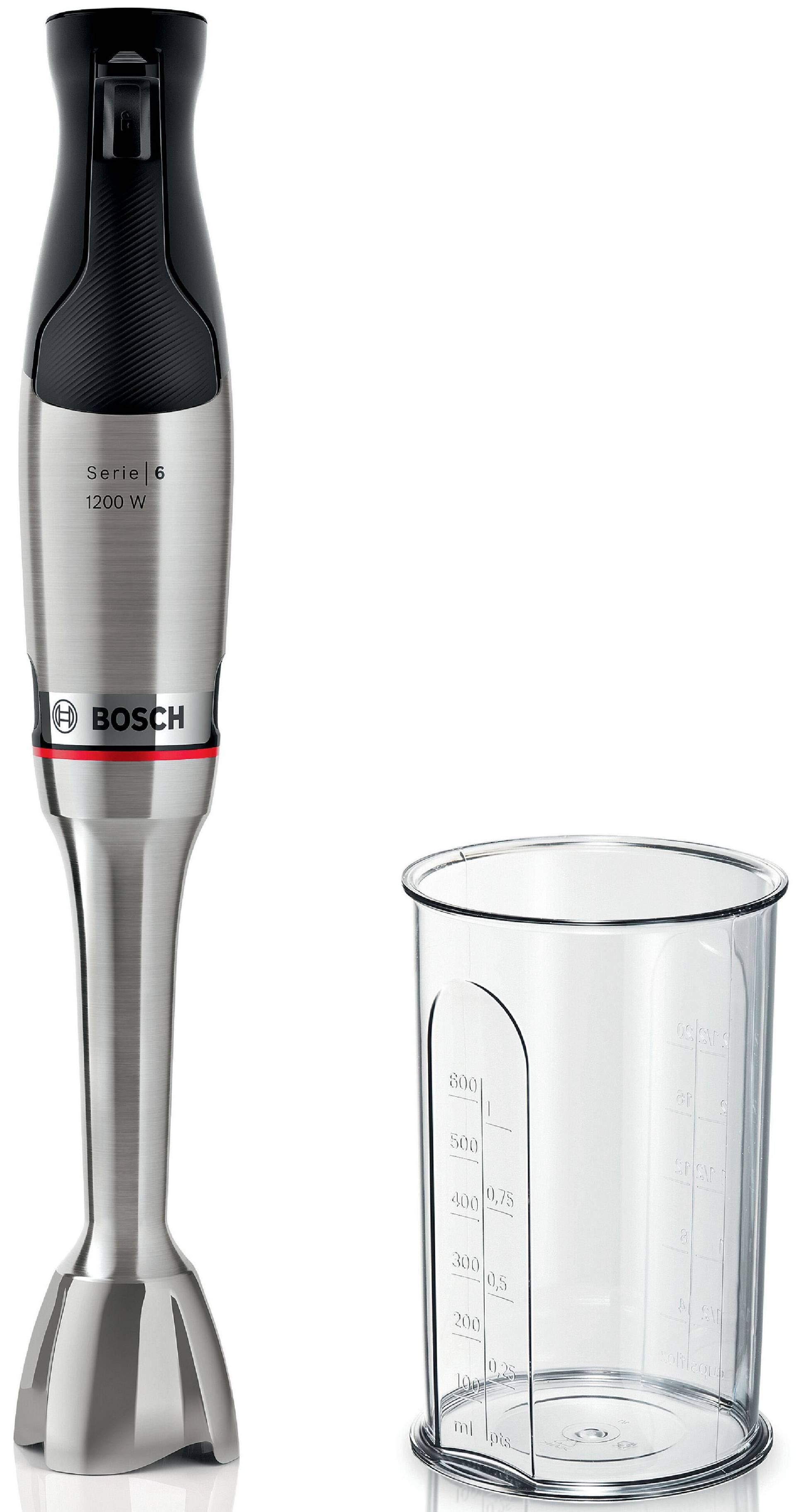 BOSCH Stabmixer "ErgoMaster Serie 6 MSM6M810, 4 Klingen, Mixfuß Edelstahl, schwarz" 1200 W Becher, großer Bedienhebel, Keramikkupplung, 10 J Motorgarantie von Bosch