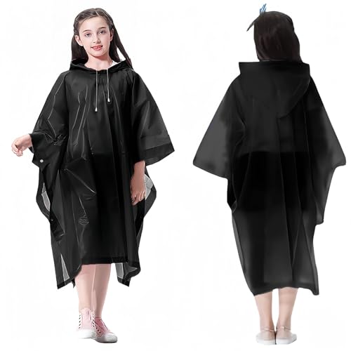 Bosdontek 2 Stück Regenponcho Kinder Wasserdicht Wiederverwendbar Regencape Kinder Regenmantel Kinder, Atmungsaktiv Raincoat Kids mit Kapuze (DE/NL/SE/PL, Alter, Einheitsgröße, Große Größen, Schwarz) von Bosdontek