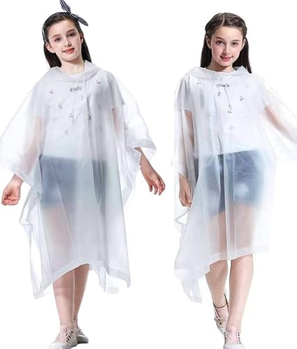 Bosdontek 2 Stück Regenponcho Kinder Wasserdicht Wiederverwendbar Regencape Kinder Regenmantel Kinder, Atmungsaktiv Raincoat Kids mit Kapuze (DE/NL/SE/PL, Alter, Einheitsgröße, Große Größen, Weiss) von Bosdontek