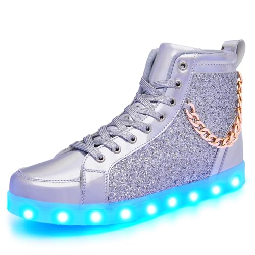 Leuchtende Schuhe für Damen und Herren, USB-Aufladung, LED-Glitzerkette, Sneaker, High-Top-Paar, Tanzschuhe, Halloween, leuchtend, blinkend, leuchtende Turnschuhe, silber, 13 Women/11 Men von BosenHulu