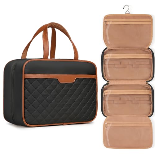 Reise-Kulturbeutel für Damen, groß, zum Aufhängen, Reise-Wasch-Organizer für Toilettenartikel, tragbare Reise-Badezimmertasche mit Haken und 5 Fächern für Reiseutensilien und Kosmetika, Schwarz , von Bosidu