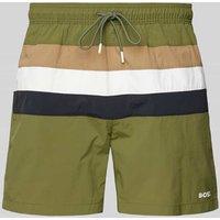 BOSS Relaxed Fit Badeshorts mit Label-Print Modell 'Louis' in Oliv, Größe M von Boss