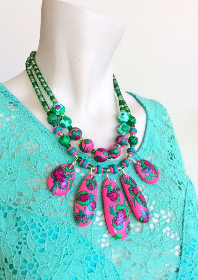 Coleus Print Halskette/Pink Und Grün Statement Große Perlen Multi Anhänger Bunter Schmuck Pflanzenschmuck Coleus Print Halskette/Pink Und Grün Statement Große Perlen Multi Anhänger Bunter Schmuck Pflanzenschmuck von BossyMossyBeads