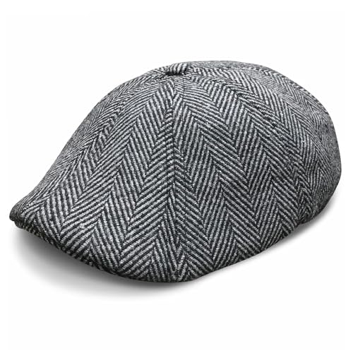 The Original Boston Scally Cap – The Peaky Newsboy Flat Cap – 6 Panel Baumwolle Fitted Hat für Herren – Grau Fischgrätenmuster, Grau (Fischgrätmuster), X-Large von Boston Scally Co.
